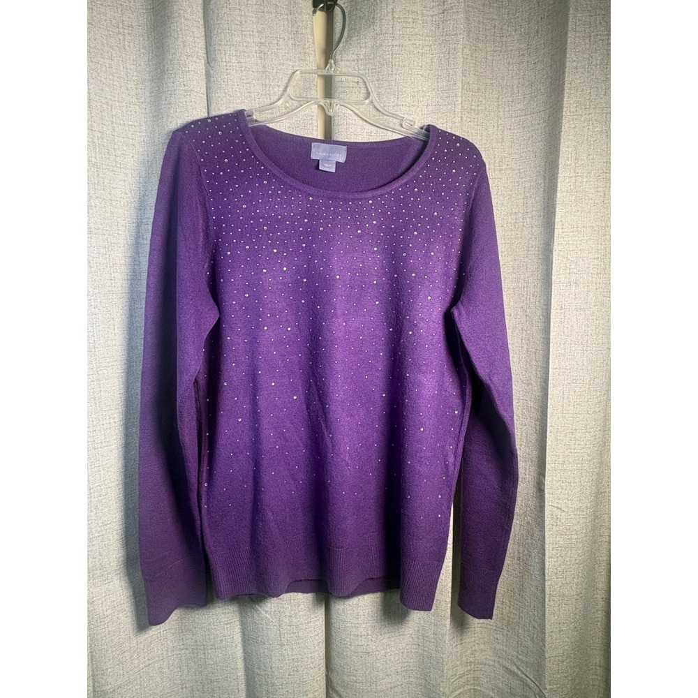 Laura Scott Purple Rhinestone Studded Crew Neck Knit Sweater Large